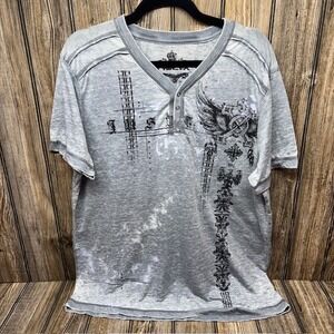 Helix Mens XL Gray Burnout Henley Graphic T Winged Cross Crest Short Sleeve Y2K
